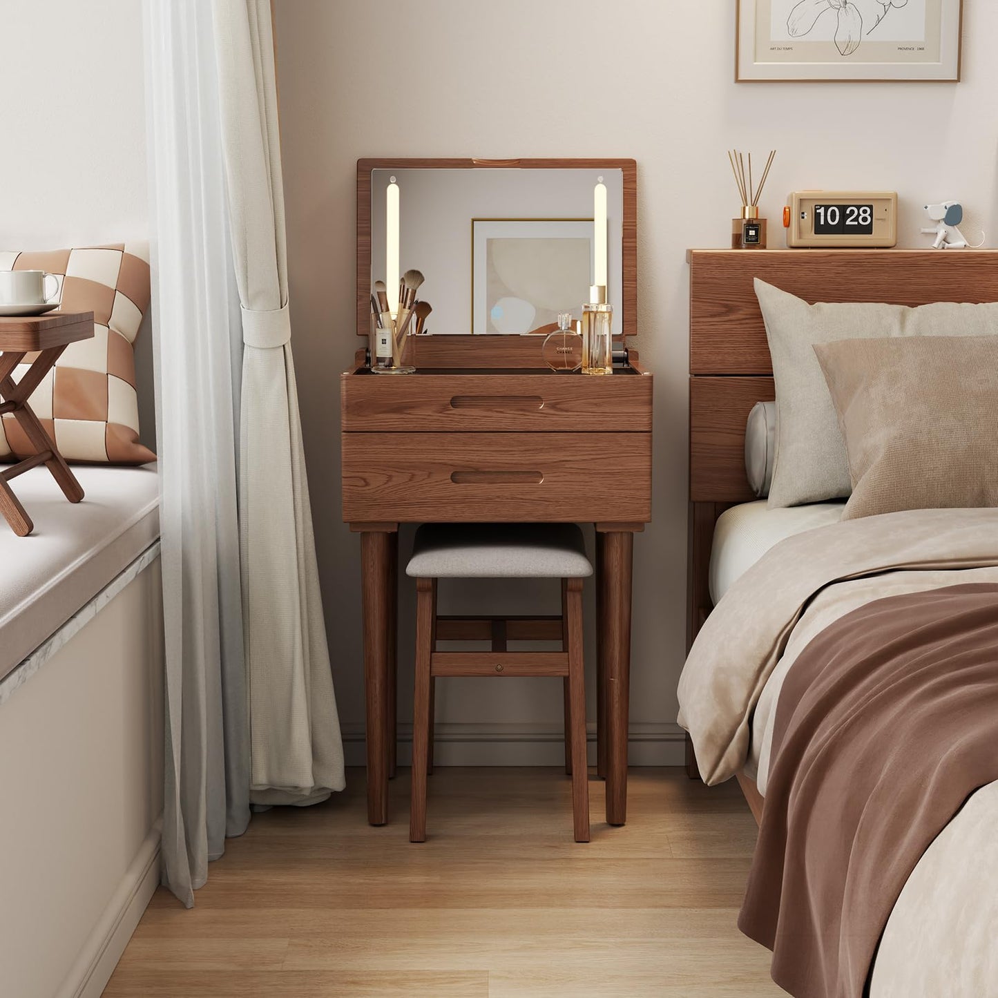 Muwuele Solid Wood Small Vanity Desk with Mirror and Lights, Narrow Makeup Vanity for Small Space, Flip Top Vanity Side Table, 3 Color Modes & Adjustable Brightness, 19.6" Slim Dressing Table, Walnut