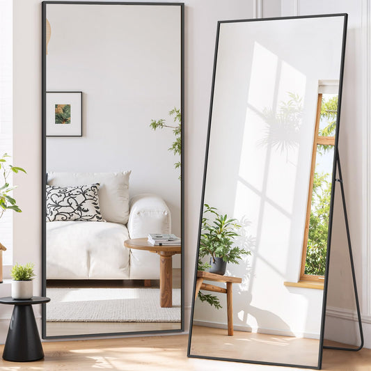 Accver Full Length Mirror 71"x26" Full Body Mirror Rectangle Free Standing Wall Mounted Leaning Floor Mirrors with Stand Aluminum Alloy Frame for Bedroom Cloakroom, Black