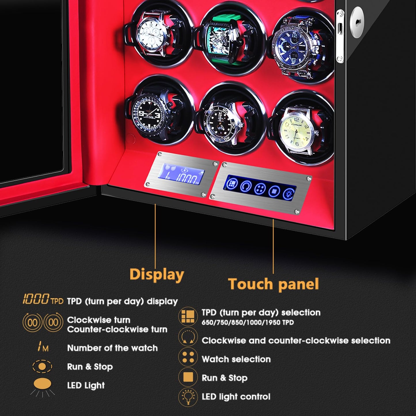 SNEOLTJN Watch Winder for 12 Slots Automatic Watches, Ultra-Quiet Japanese Motors, Built-in LED Illumination and LCD Touchscreen Control