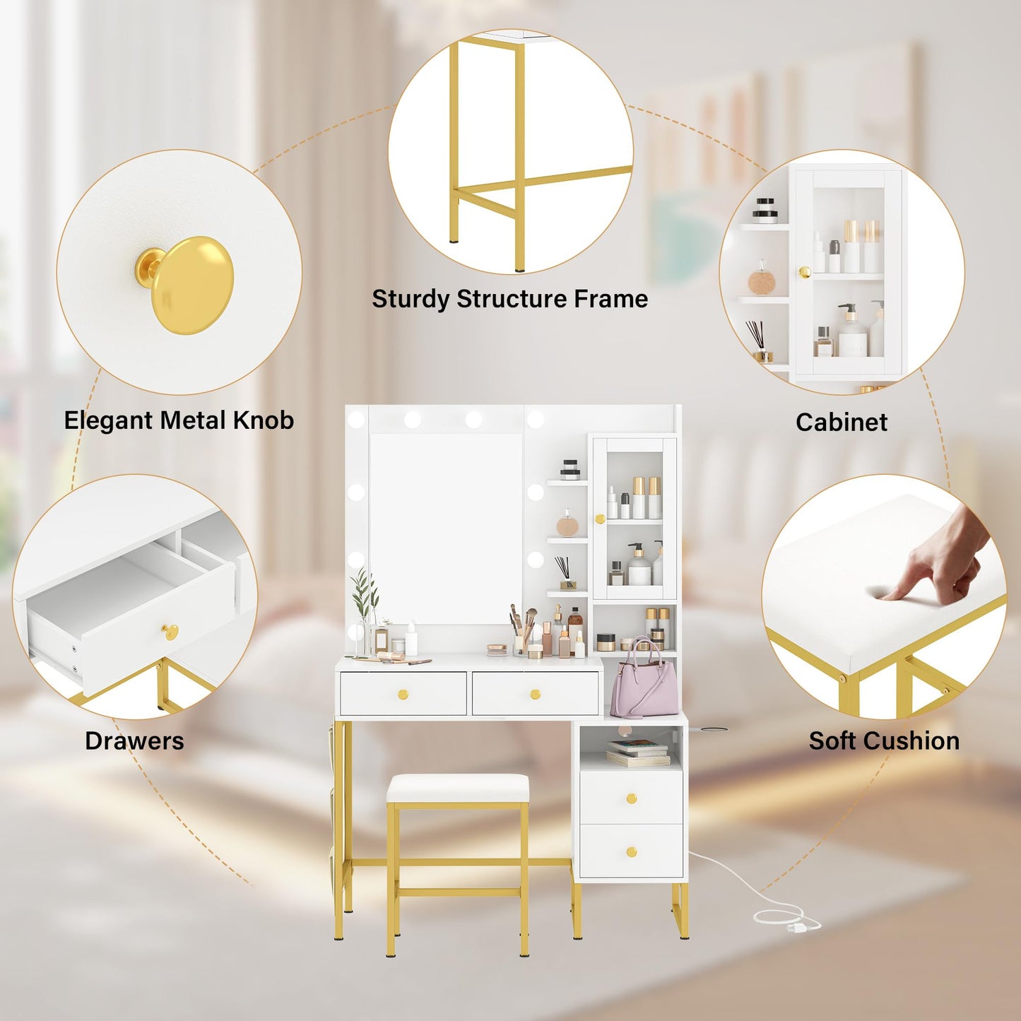 NUNU LAB Morden Makeup Vanity Desk with Mirror, Bedroom Dressing Table Set with Storage Shelf and 5 Drawers, Large Vanity Table with 10 LED Lights for Women, Girls, Teens