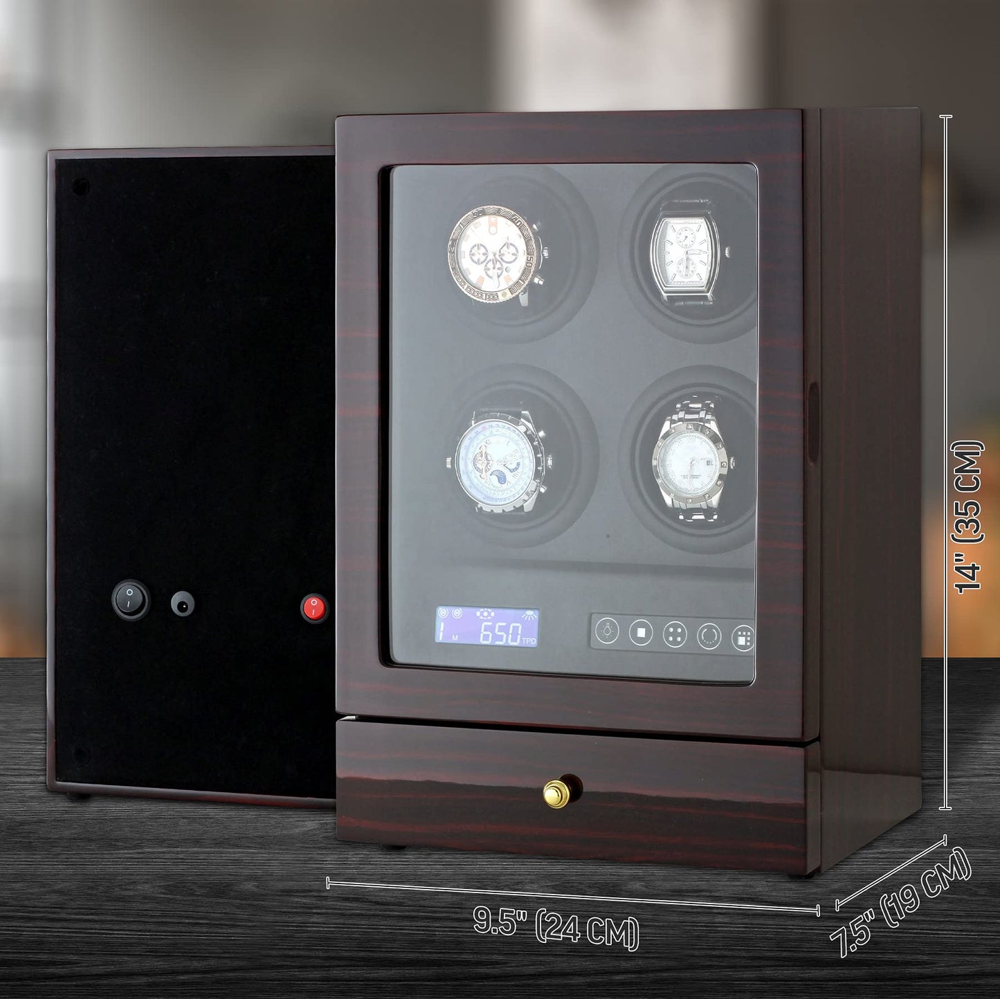 Automatic Watch Winder with LED Light, Storage Drawer and LCD Touchscreen Control (Ebony)