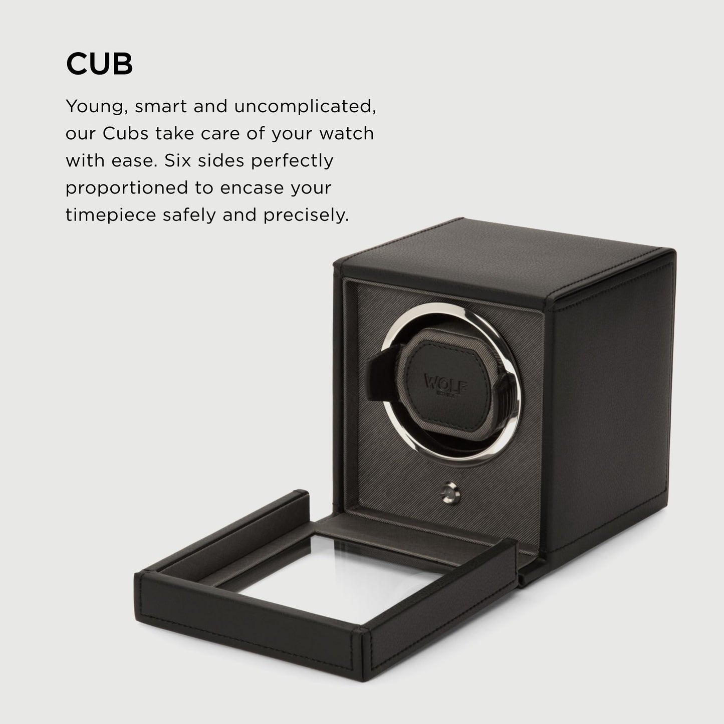 Wolf Cub Single Watch Winder with Glass Cover, Black - Secure Fit with Patented Lock-in Dynamic Cuff - Accommodates All Wrist Sizes - Vegan Leather - Includes Universal Adapter