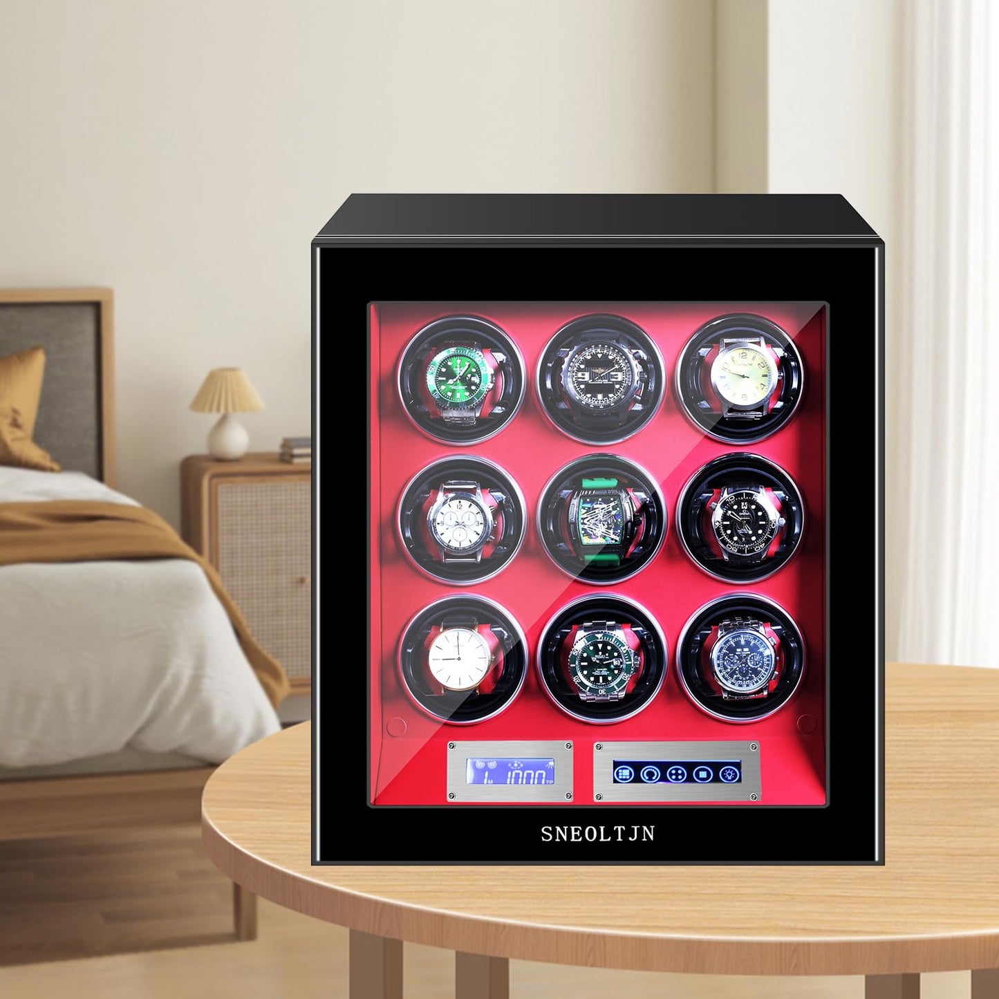 SNEOLTJN Watch Winder for 9 Slots Automatic Watches,Ultra-Quiet Japanese Motors, Built-in LED Illumination and LCD Touchscreen Control