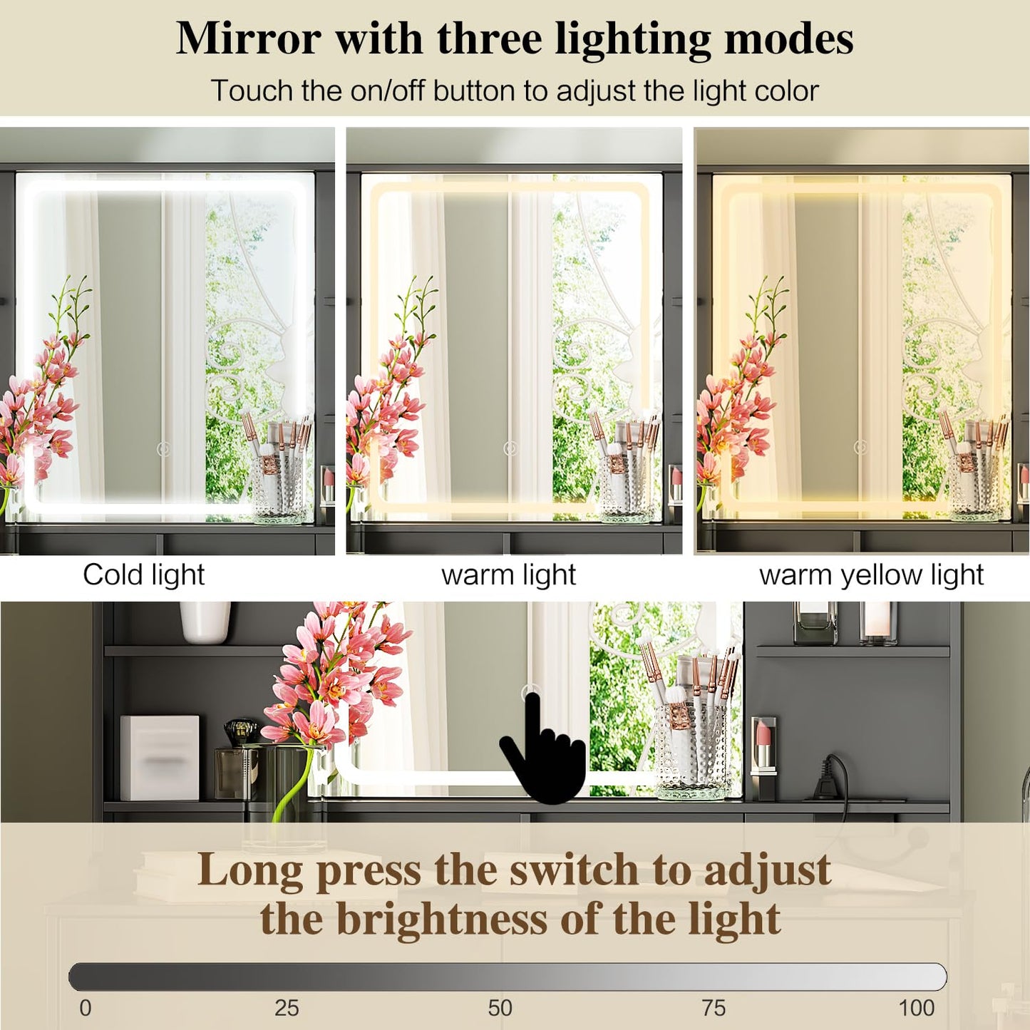 Ieejdn Makeup Vanity Desk with Mirror and Lights, Vanity Desk with 8 Drawers & Storage Shelves, Vanity Table with Power Outlet, 3 Color Modes & Adjustable Brightness Dressing Table, Bedroom,Black