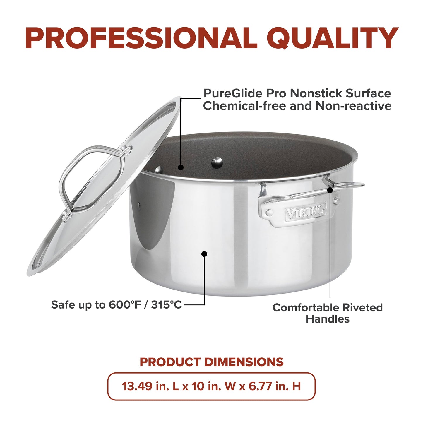 Viking PureGlide Pro 3-Ply Nonstick Dutch Oven with Lid, Made without PFAS, 6-Quart Induction Cooking Pot, Metal Utensil Safe Titanium Nonstick Surface, Oven Safe to 600F