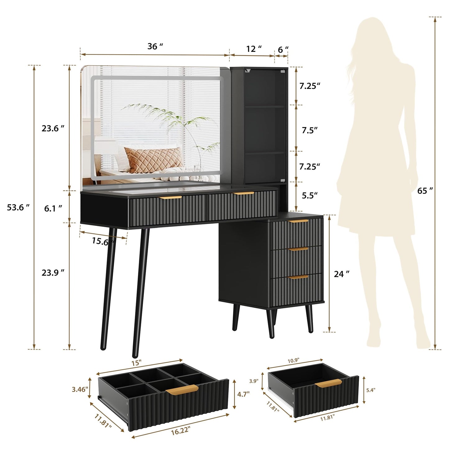 GarveeHome Fluted Makeup Vanity Desk with Lights, 48" Big Vanity with Glass Top and Large 36" HD Lighted Mirror, Modern Dressing Table with 5 Drawers 3-Tier Shelves Set w/Charging Station