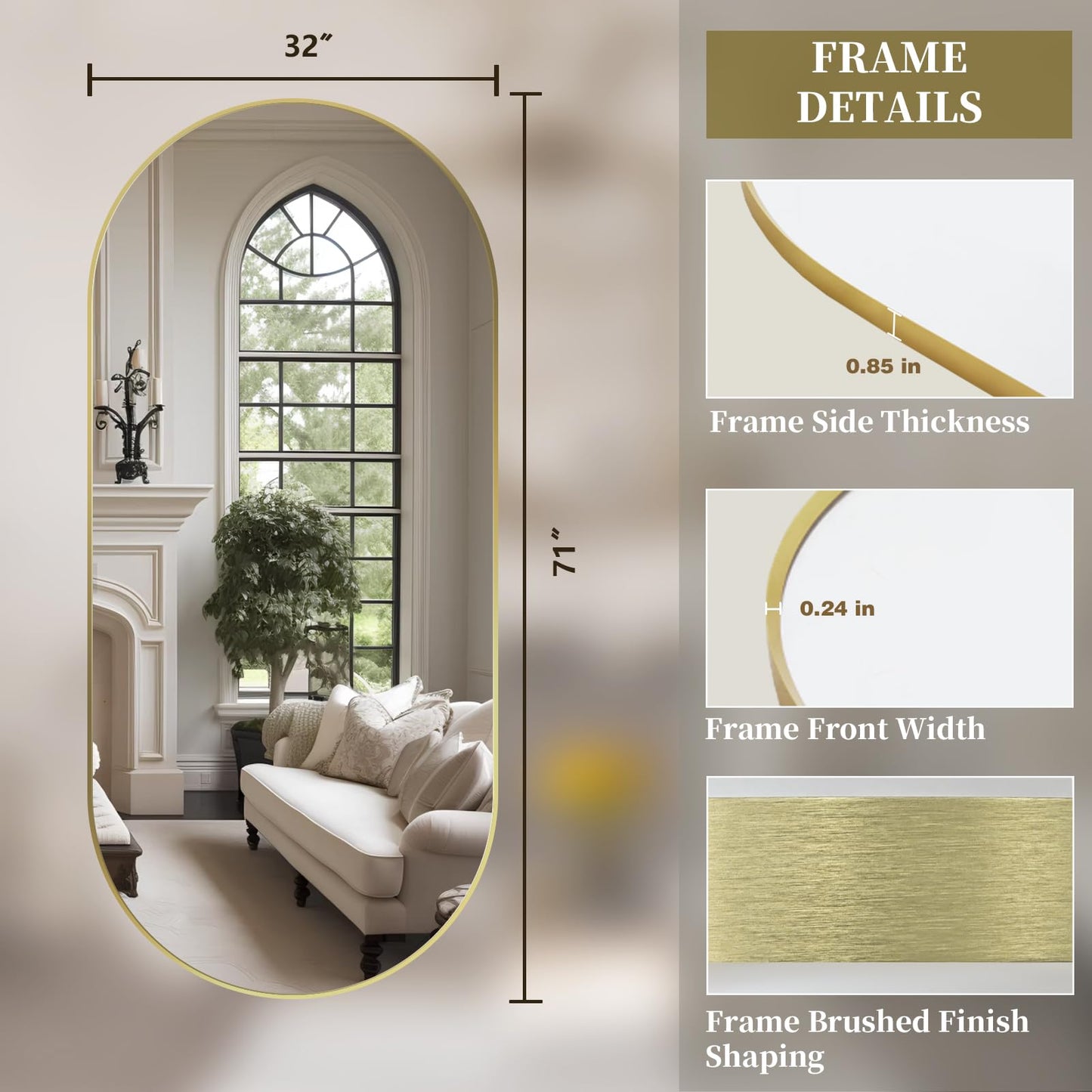 TheiaMo Oval Full Length Mirror, 71"×32" Wall-Mounted Mirror with Gold Frame in Shiny Gold, Ultra-Clear Explosion-Proof Dressing Mirror, Simple & Classic Deco for Cloakroom/Bedroom/Living Room