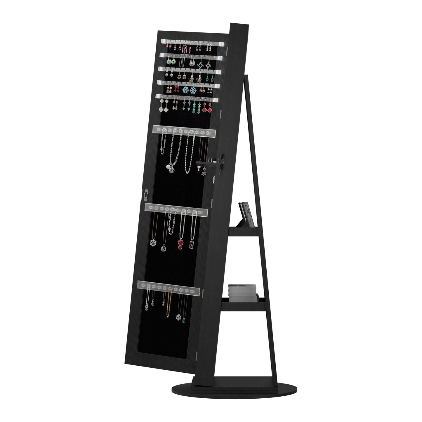 KEIKI 360°Swivel Jewelry Armoire with Full Length Mirror, 62.3" Rotating Standing Jewelry Armoire Organizer, Lockable Storage Cabinet, Interior Lighted Mirror, Black
