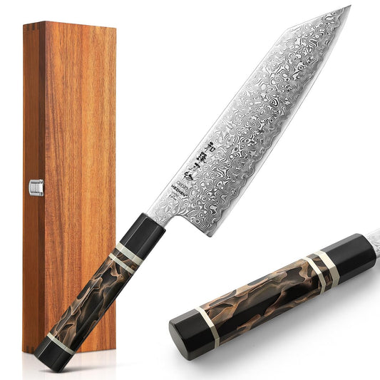 HEZHEN Kiritsuke Knife, 8.5 Inches, 49 Layers Damascus ZDP-189 Steel Japanese Chef Knife, Ultra Sharp Blade, Lightweight Handle, Acacia Wood Box Packing