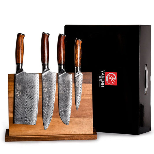 YARENH Knife Set with Magnetic Block 5 Piece, Professional Kitchen Knife Set, 73 Layers Damascus High Carbon Stainless Steel, Natural Sandalwood Handle, Sharp Chef Knife