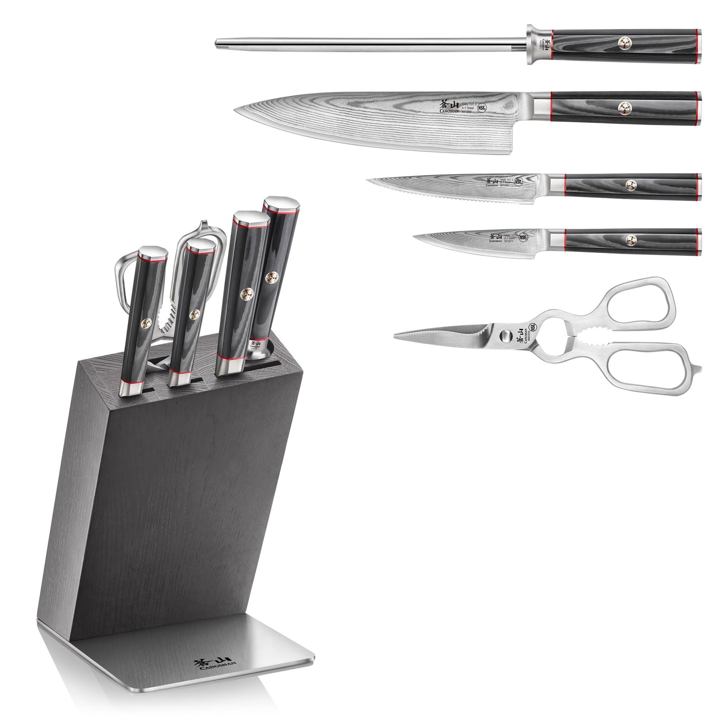 Cangshan YARI Series HUA Knife Block Set, X-7 Damascus Steel, Ash Wood Block (6-Piece)