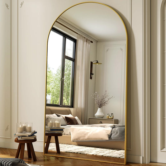 XRAMFY 86"x40" Arched Full Length Mirror Floor Mirrors with Aluminum Alloy Frame Free-Standing Wall Mounted Floor Mirrors or Large Dressing Mirror, Gold Mirror Full Length