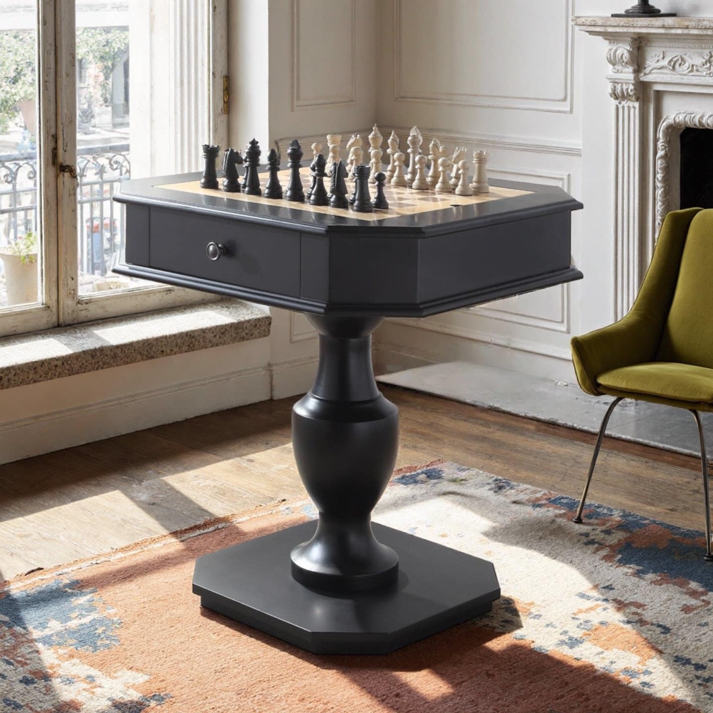 ComeWay Chess Table, Reversible Chess Checker Game Table with 2 Drawers for Family Entertainment Room, 3-in-1 Square Game Tray for Chess Checker Backgammon, Black