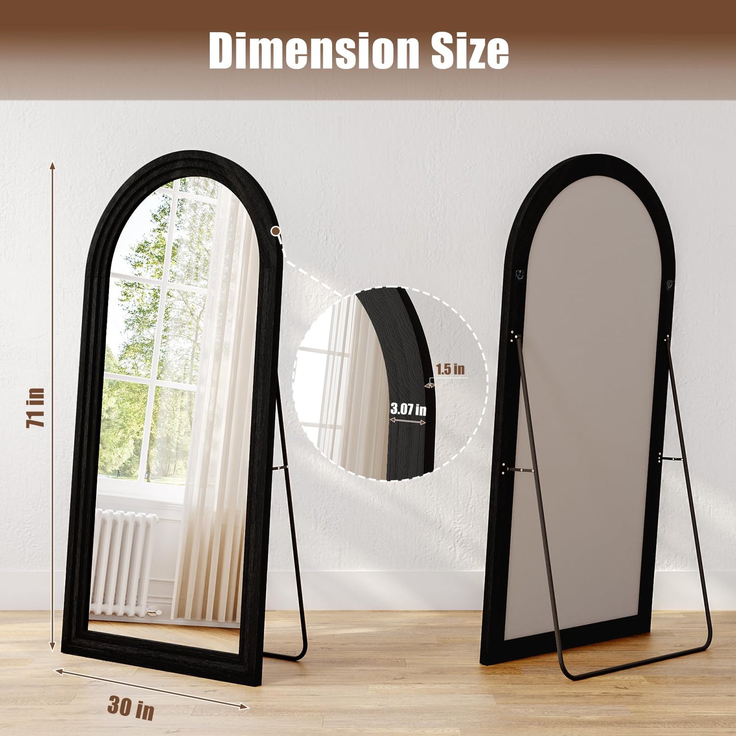 WISSMIELS 30"x71" Full Length Mirror Solid Wood Frame, Arched Floor Mirror Full Length with Stand, Room Decor Big Full Body Mirror with HD Tempered Glass for Bedroom, Living Room, Black