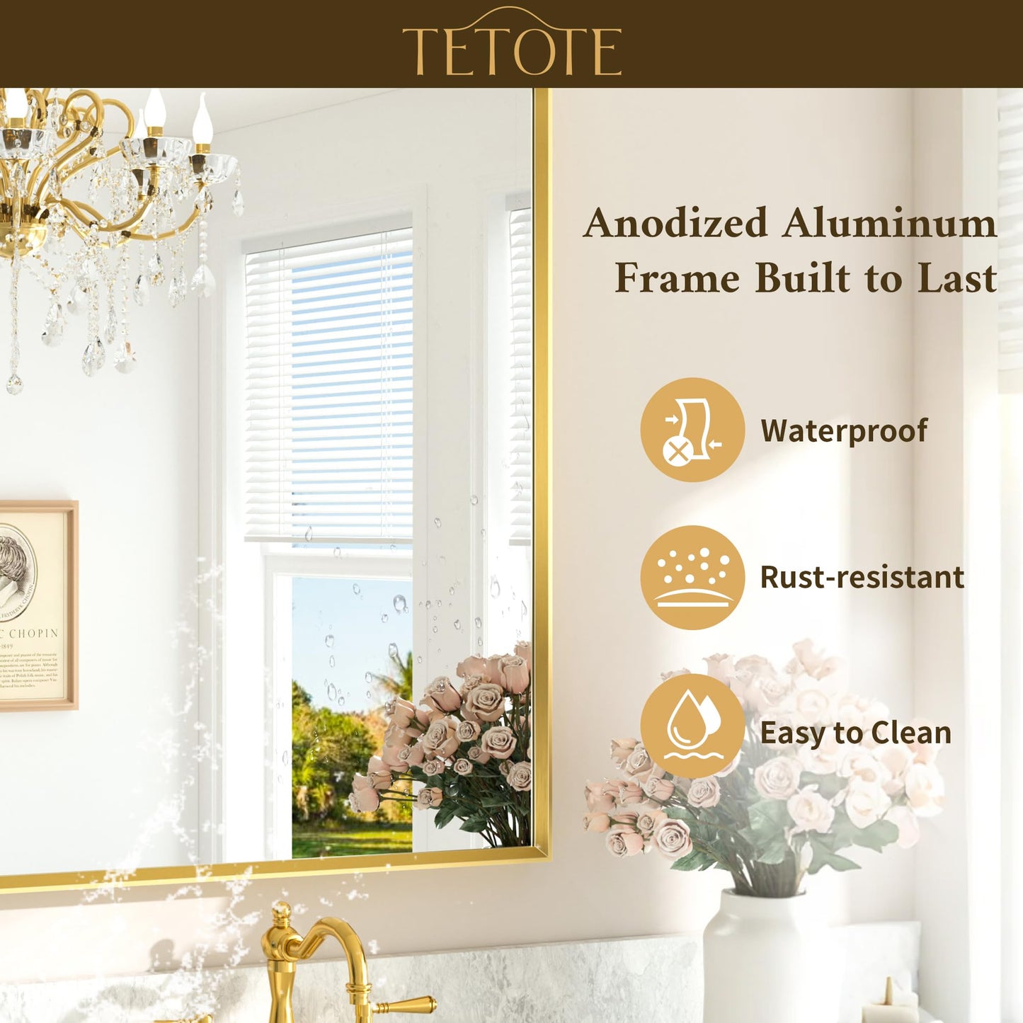 TETOTE Brushed Gold Bathroom Mirror for Over Sink 48" x 36" Large Brass Gold Beveled Framed Rectangular Vanity Mirror for Bathroom, Bedroom, Entryway, Living Room, Tempered Glass, Stronger Frame