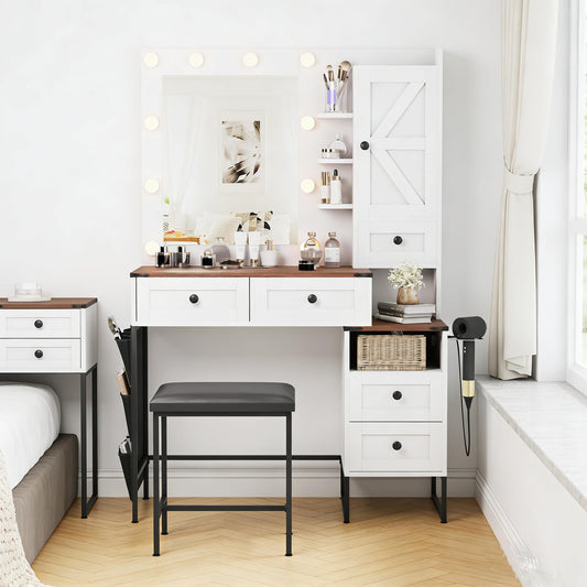 NUNU LAB Large Vanity Desk with Mirror and Lights with 5 Drawers, Women Makeup Table with Power Outlet, 3-Color Adjustable Lighting for Bedroom Brown (006 White & Brown, 39.37 * 17.75 * 58.27in)