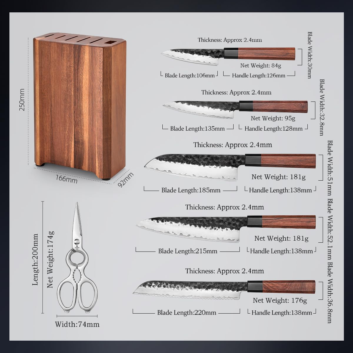 HEZHEN Knife Block Set, 7 Piece Chef Knife Set with Block&Siccor, 3 Layers Clad Steel Kitchen Knife, Kitchen Scissors Acacia Wood Knife Block, Room-saving, Gift Ready Set