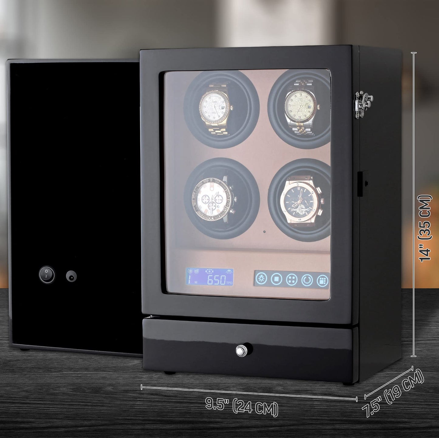 Automatic Watch Winder with LED Light, Storage Drawer and LCD Touchscreen Control (Black + Brown)