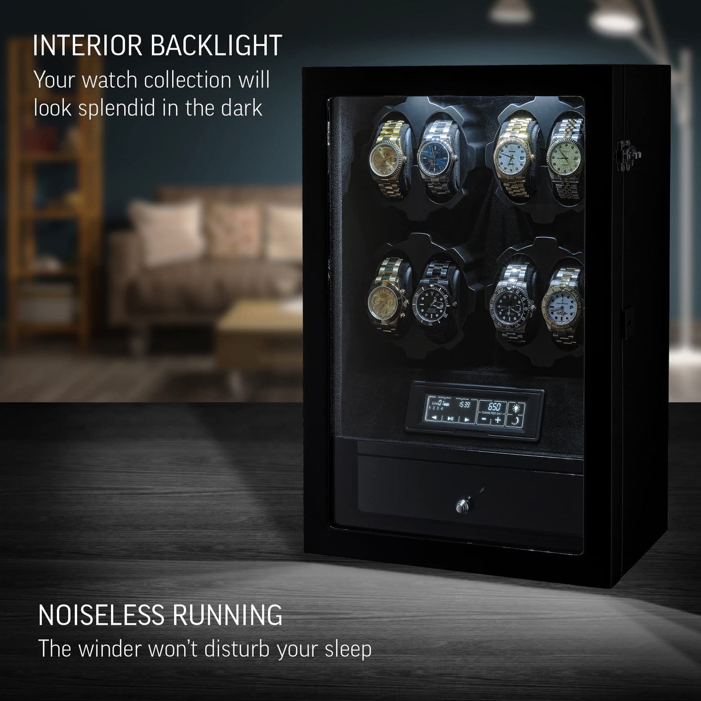8 Watch Winder with LED Backlight and 5 Watch Storage Drawer
