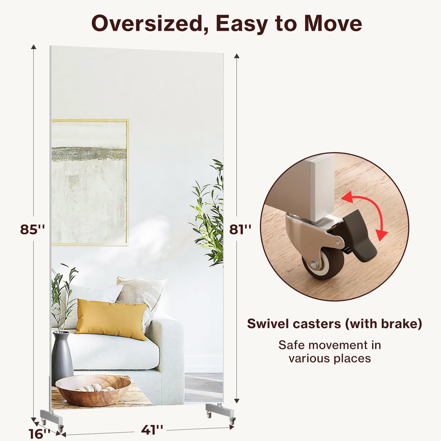 BRIVUE 81" x 41" Standing Mirror Full Length with Wheels, Large Glassless Rolling Mirrors with Brakes, Shatterproof HD Imaging Thin Frame Full Body Mirror for Dance Studio/Home Gym, Silver