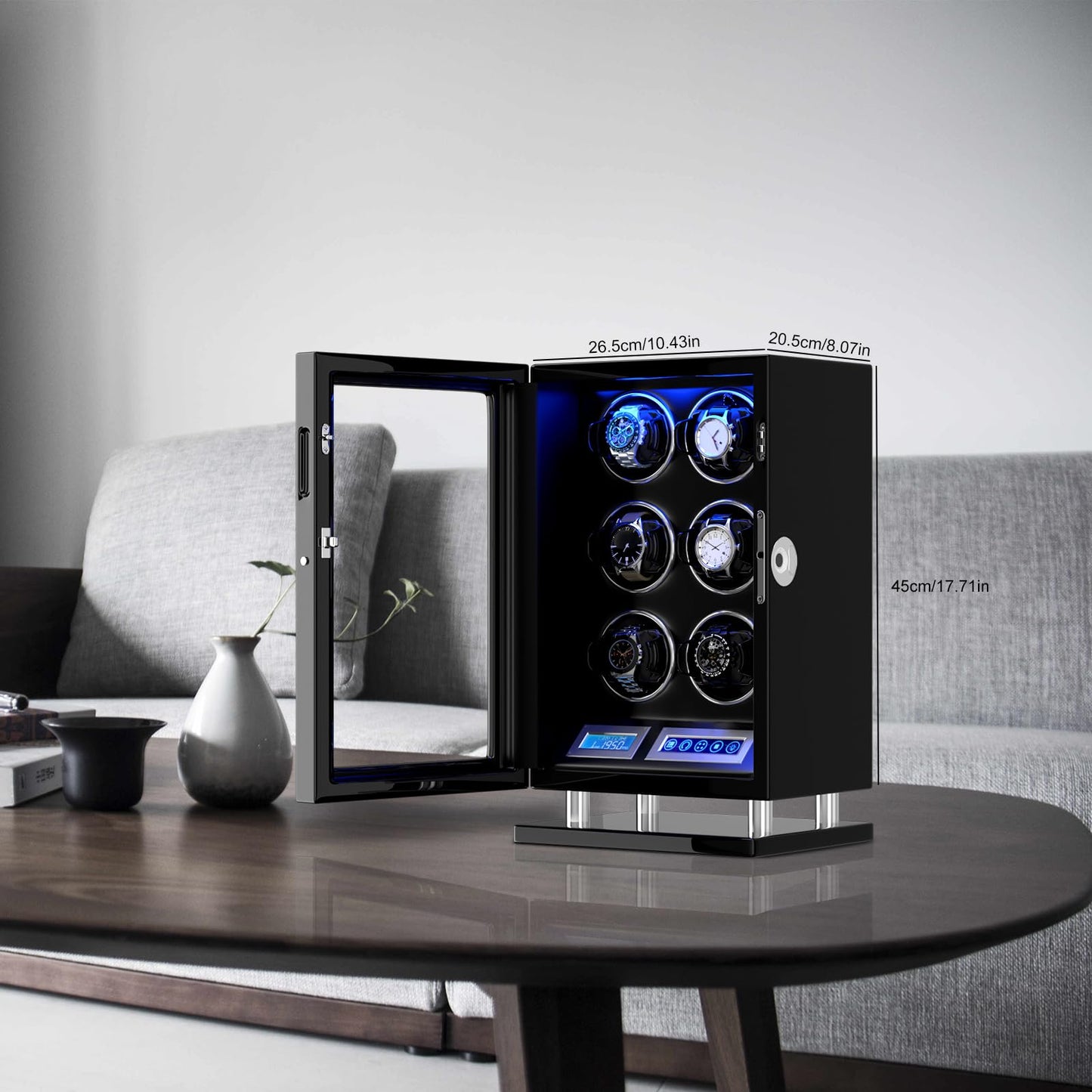 DUKWIN Watch Winder for 6 Automatic Watches, Fingerprint Lock Watch Winders with LCD Touchscreen, Blue LED Light, Remote Control,Adjustable Pillow and Quiet Motor for Universal Watches, 5TPD