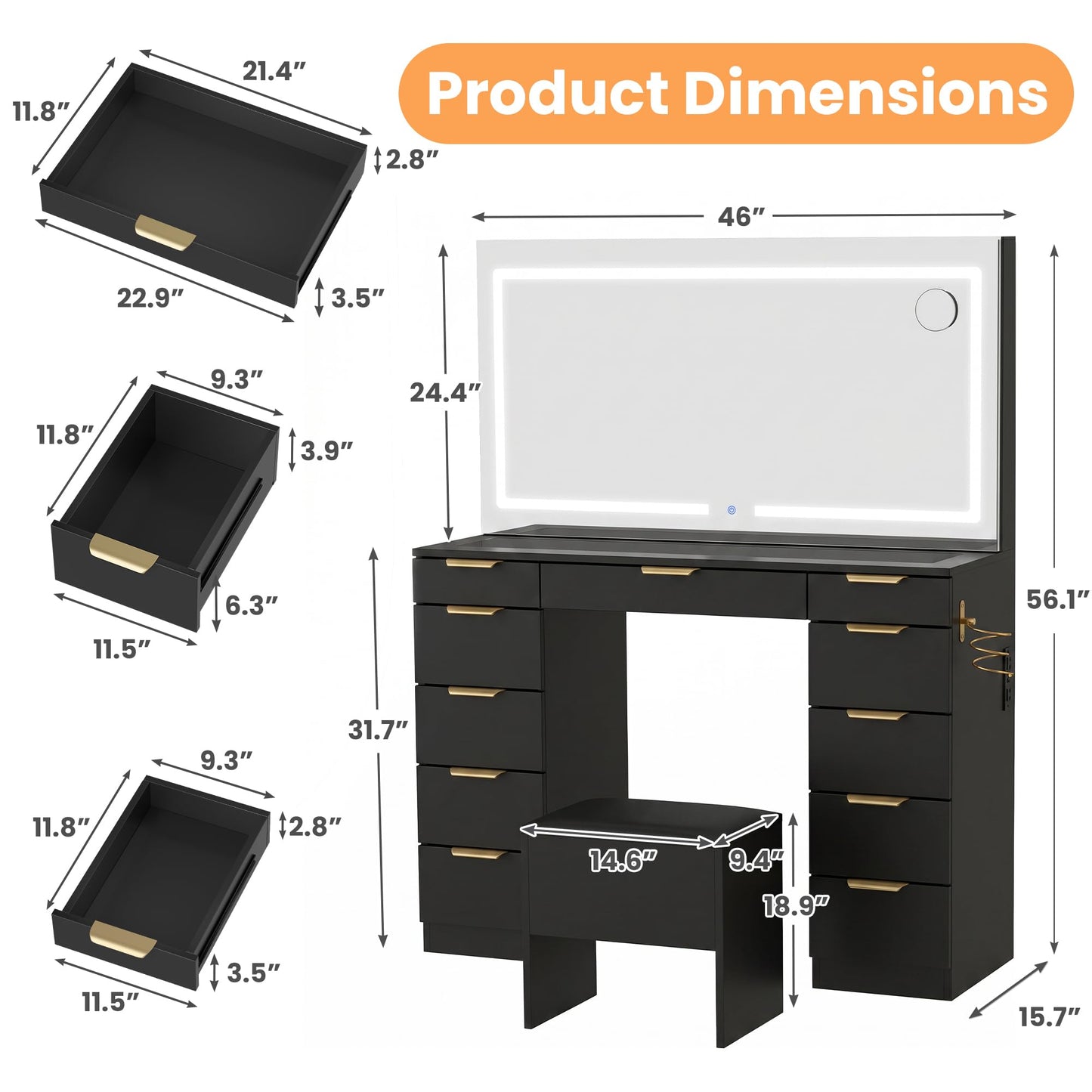 Fkhouse Glass Top Vanity Desk with Mirror and Lights, 11 Drawers Makeup Vanity with Stool, 3 Lighting Modes Dressing Table with Power Outlet, Golden Handles, Black
