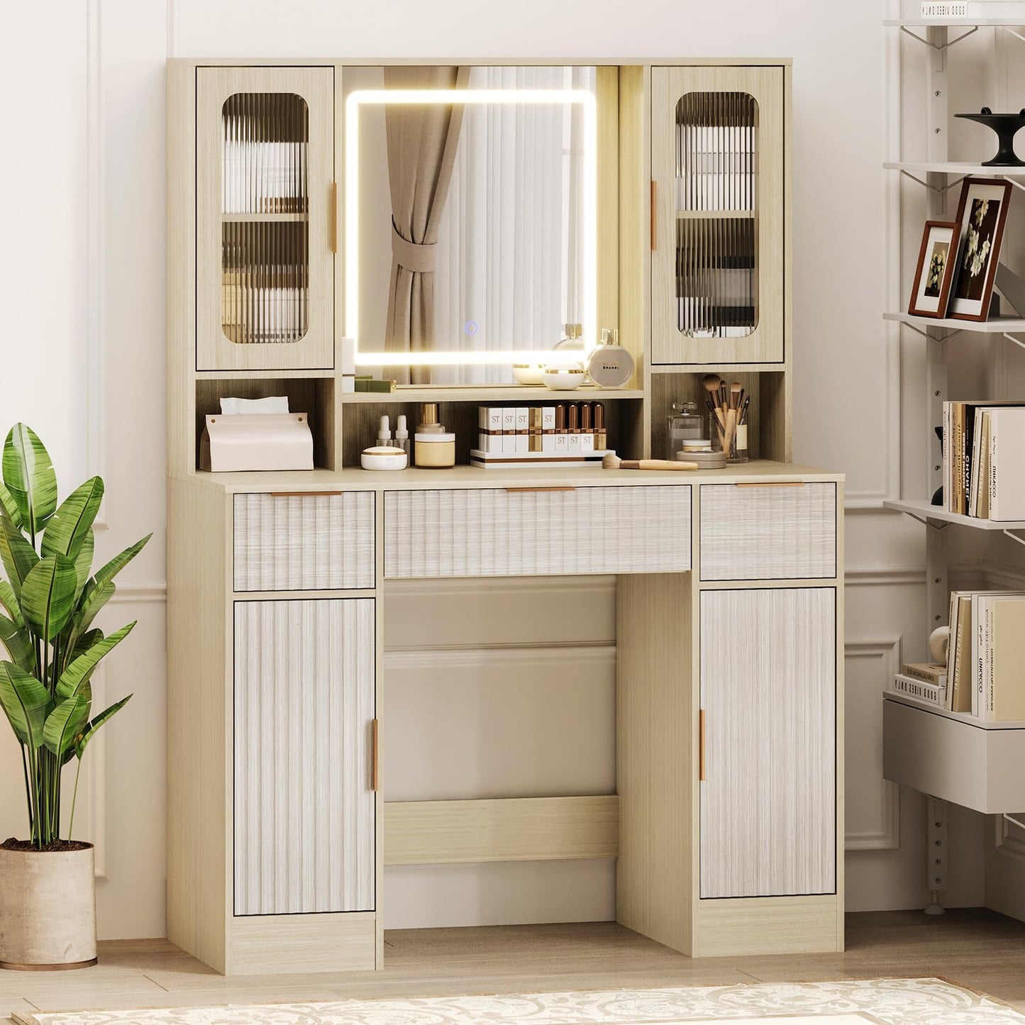 Garvee Vanity Desk with Mirror and Light, Modern Makeup Dressing Table with Adjustable 3 Colors Light, Vanities for Bedroom with 2 Glass Cabinet, 2 Large Cabinet, 3 Drawers & Storage Shelves, Natural