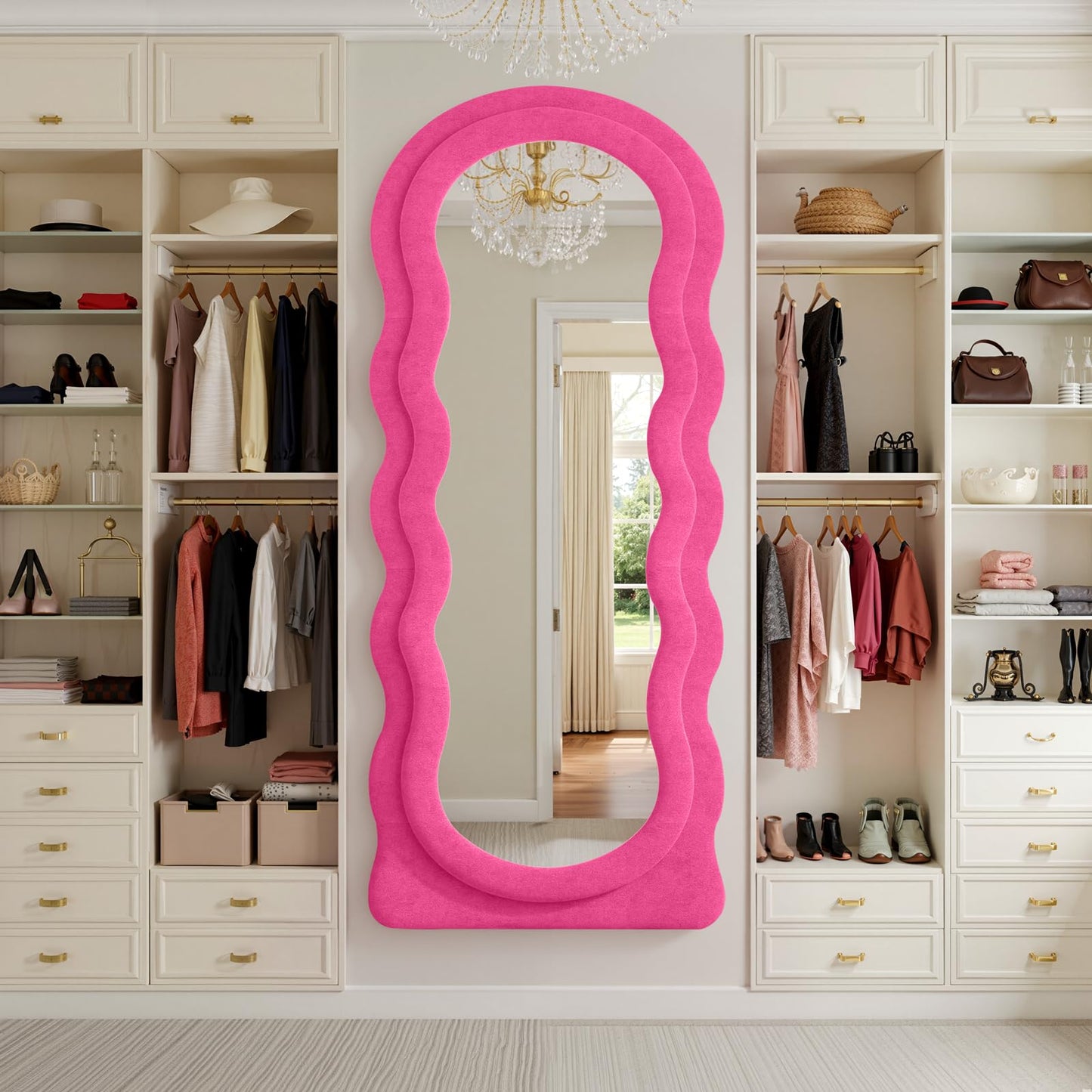 Anpark Full Length Mirror 71"x30" Irregular Wavy Full Body Wall Mounted Floor Mirror with Stand Hot Pink Flannel Frame Leaning Hanging Wall for Bedroom Entrance Hallway