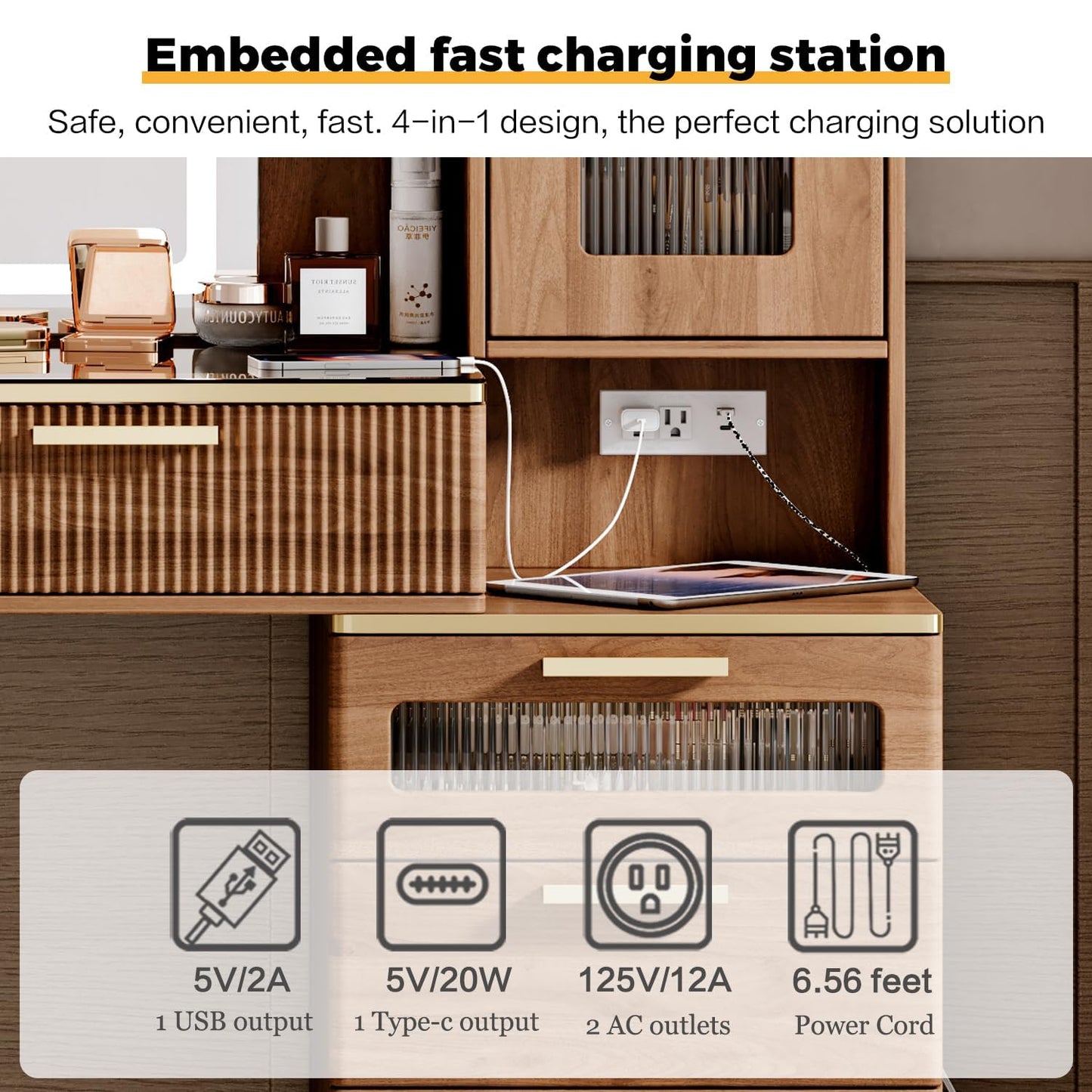 Arulvmrn Vanity Desk with 29.53" HD Lighted Mirror, 47.24" Big Modern Vanity Desk with Mirror and Lights, Makeup Vanity with 5 Drawers and Storage Shelves and Charging Station,Brown