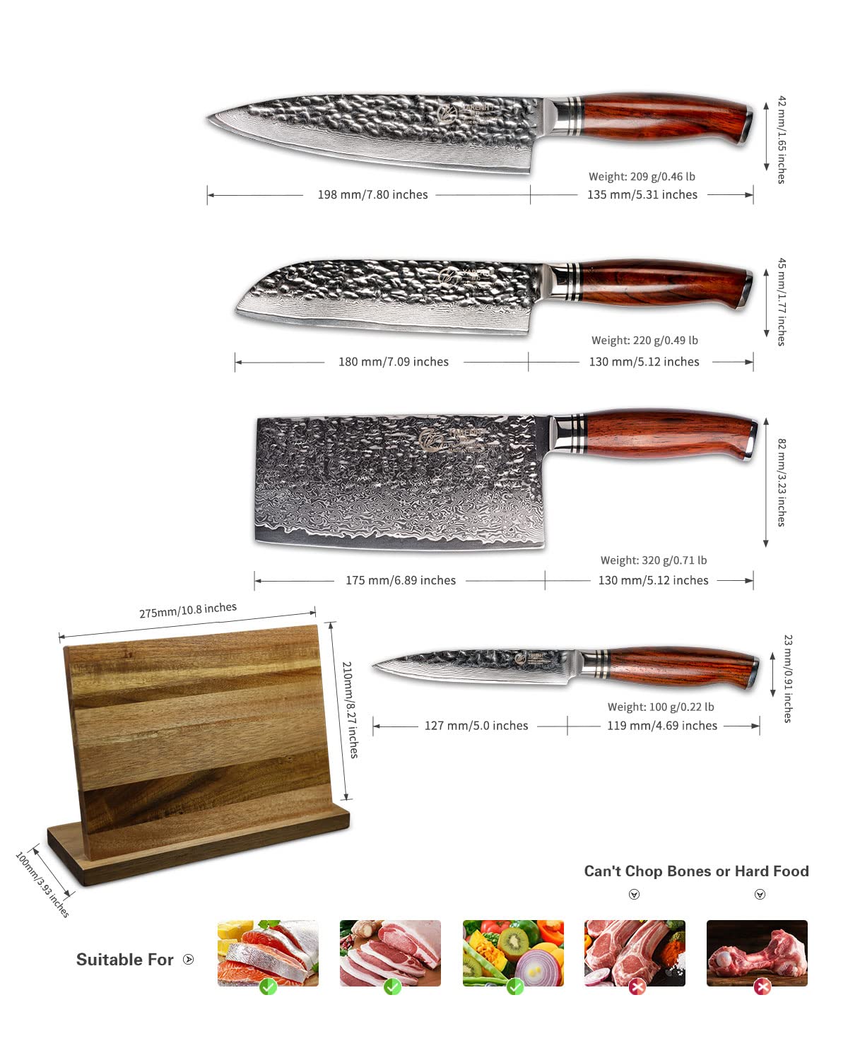 YARENH Cleaver Knife Set with Magnetic Block, Damascus Stainless Steel,73 Layers, 5 Piece Professional Sharp Kitchen Knife Set for Chef, Full Tang, Sandalwood Wood Handle