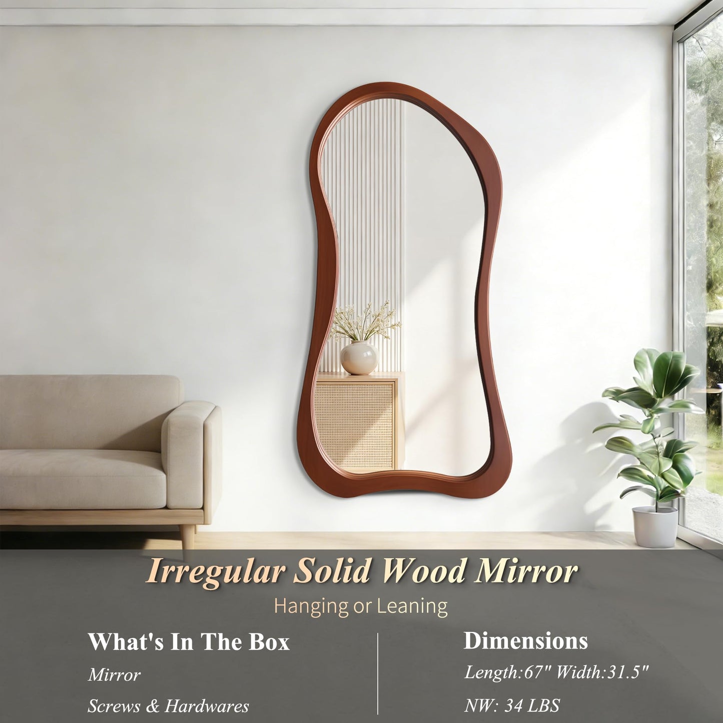 DAOYIJIAJU Large Irregular Mirror, 67"x31.5" Asymmetrical Full Length Mirrors with Solid Wood Frame, Premium Aesthetic Floor Mirror for Living Room Entryway Hallway Bedroom Cloakroom, Leaning/Hanging