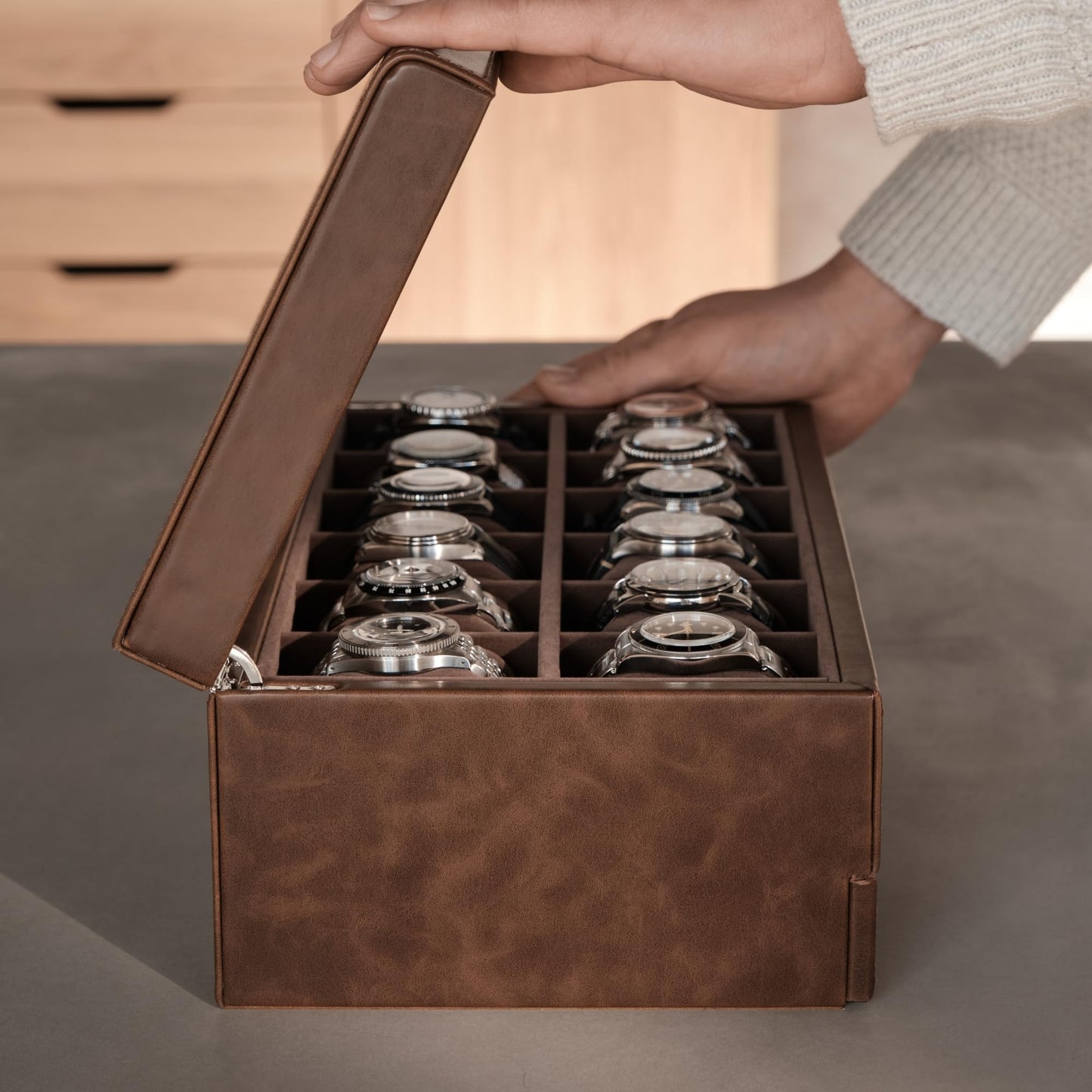 TAWBURY Bayswater 12 Slot Watch Box with Drawer (Brown) with a Set of 12 X-Small Pillows to Fit 5.5-6.5" Wrists