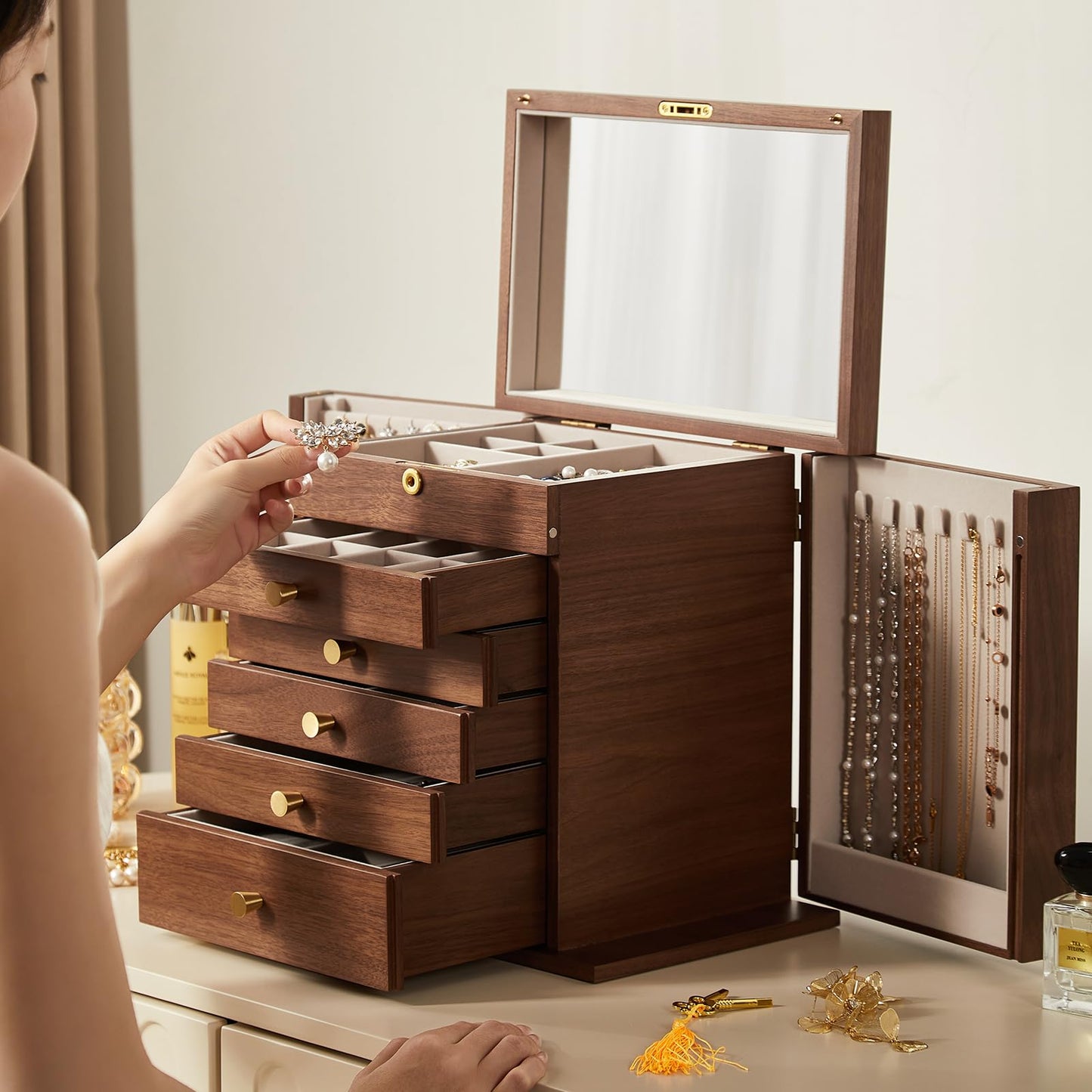 CHOSIN Black Walnut Wooden Jewelry Box, 6-Layer Lockable Wood Jewelry Organizer with Mirror, Side Doors & Brass Handle, Classical Design for Rings, Necklaces, Earrings, Ideal Gift for Her