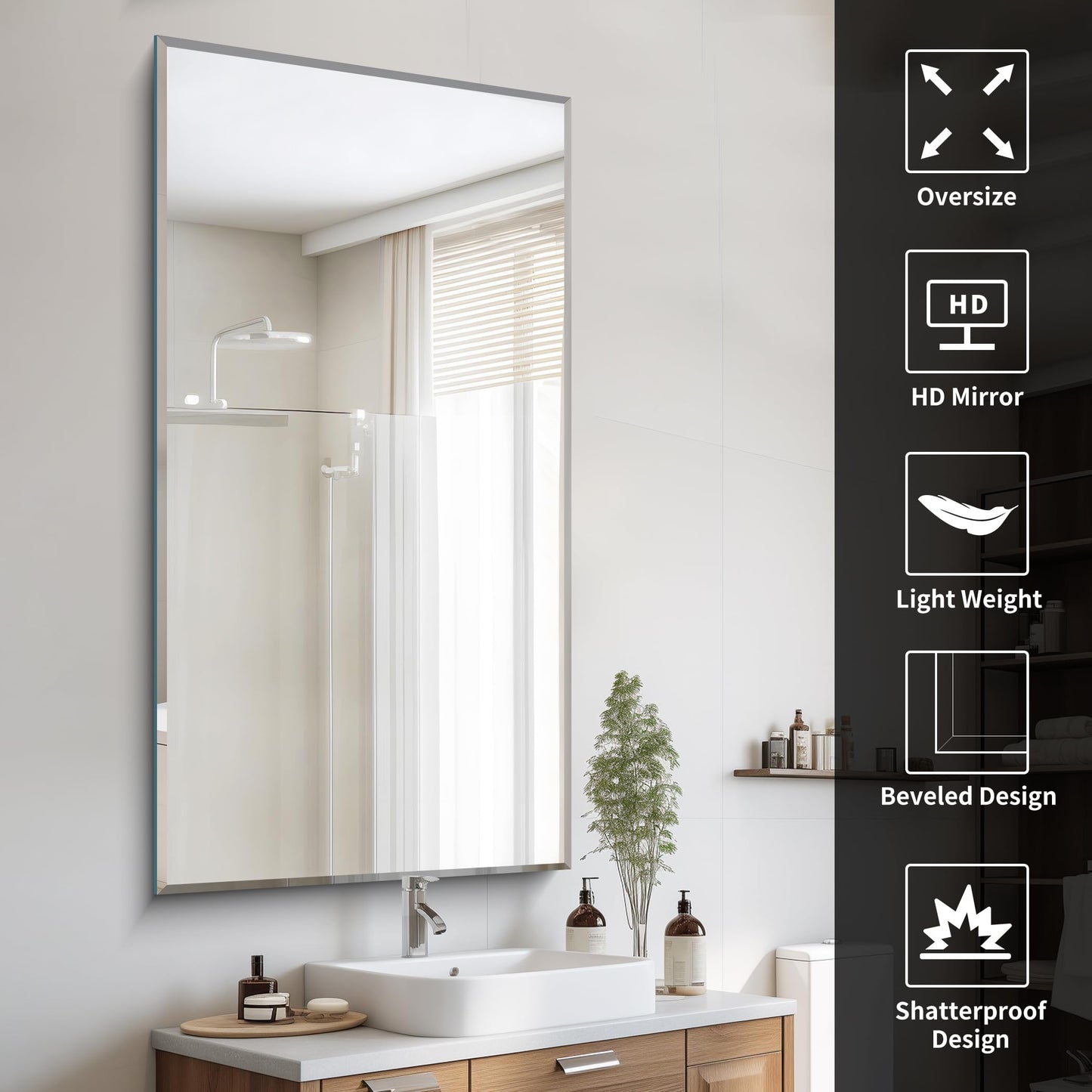 CILIBER Beveled Mirror, 30x60 Large Frameless Bathroom Mirrors for Wall, 3mm Tempered Glass Rectangle Vanity Mirror with Beveled Edge, Crystal-Clear, Hangs Horizontally or Vertically
