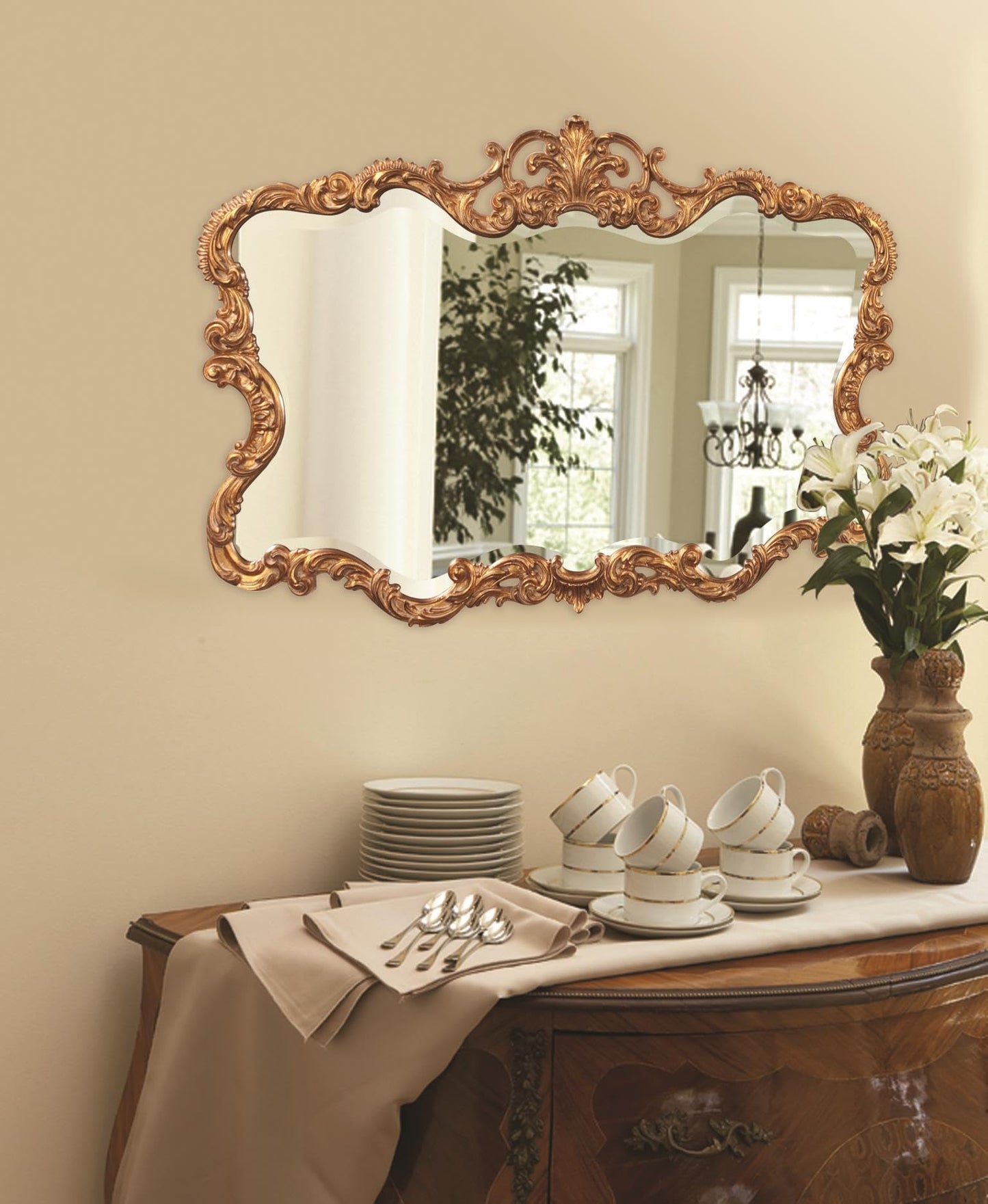 Howard Elliott Collection Antiqued Talida Gold Ornate Mirror for Wall, Large Focal Point Rectangular Bedroom Living Room & Vanity Wall Mounted Mirror in Resin Frame, Gold Leaf, 27 x 38 Inch