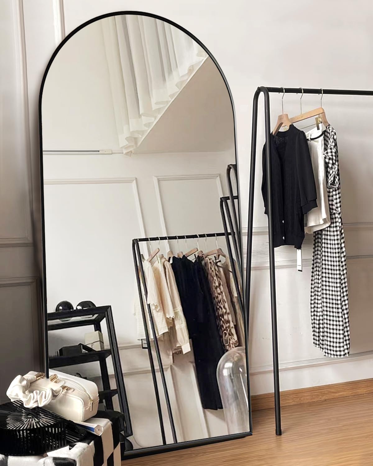 DYNWELL Arched Full Length Mirror, Floor Mirror with Stand, 90"x46" Large, Oversize Mirror, Black