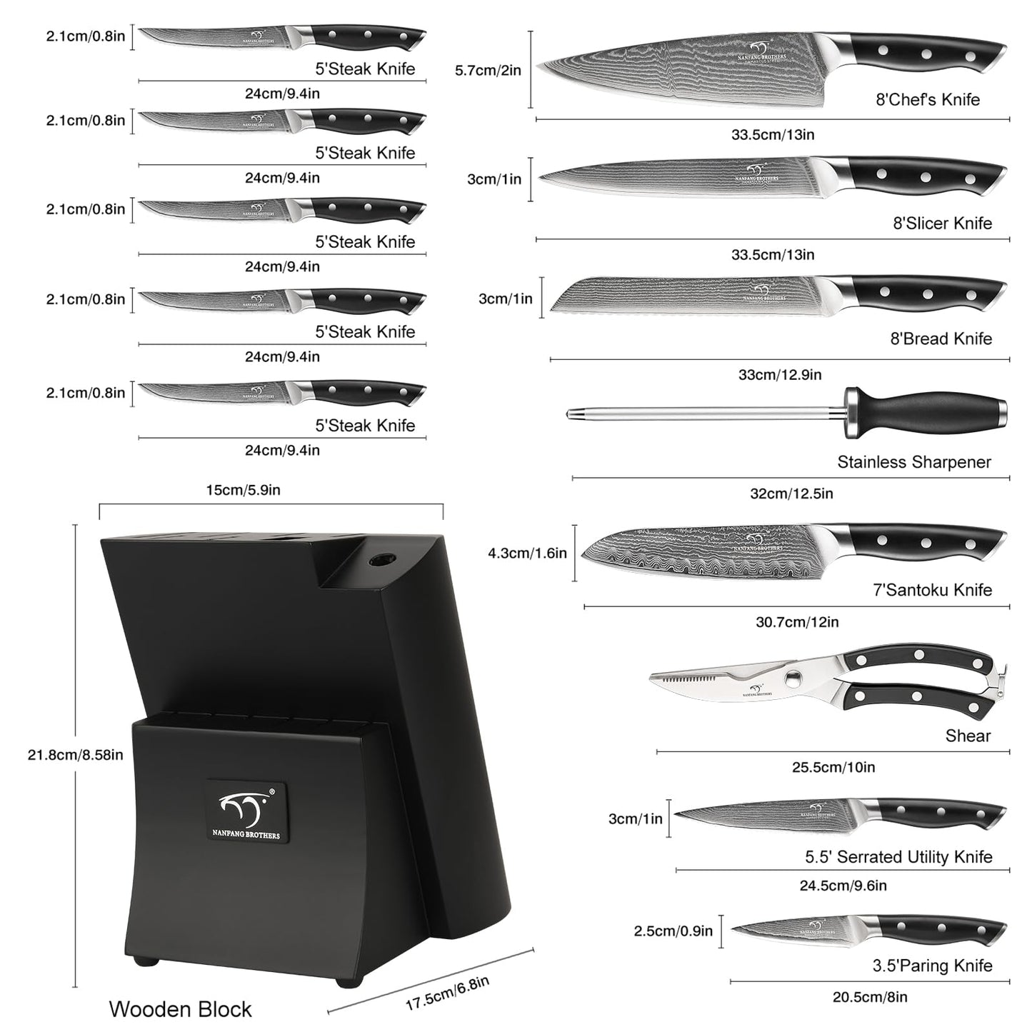 Damascus Kitchen Knife Set, 15-Piece Kitchen Knife Set with Block, ABS Ergonomic Handle for Chef Knife Set and Serrated Steak Knives Knife Sharpener and Kitchen Shears, 14 Slots Wooden Knife Block