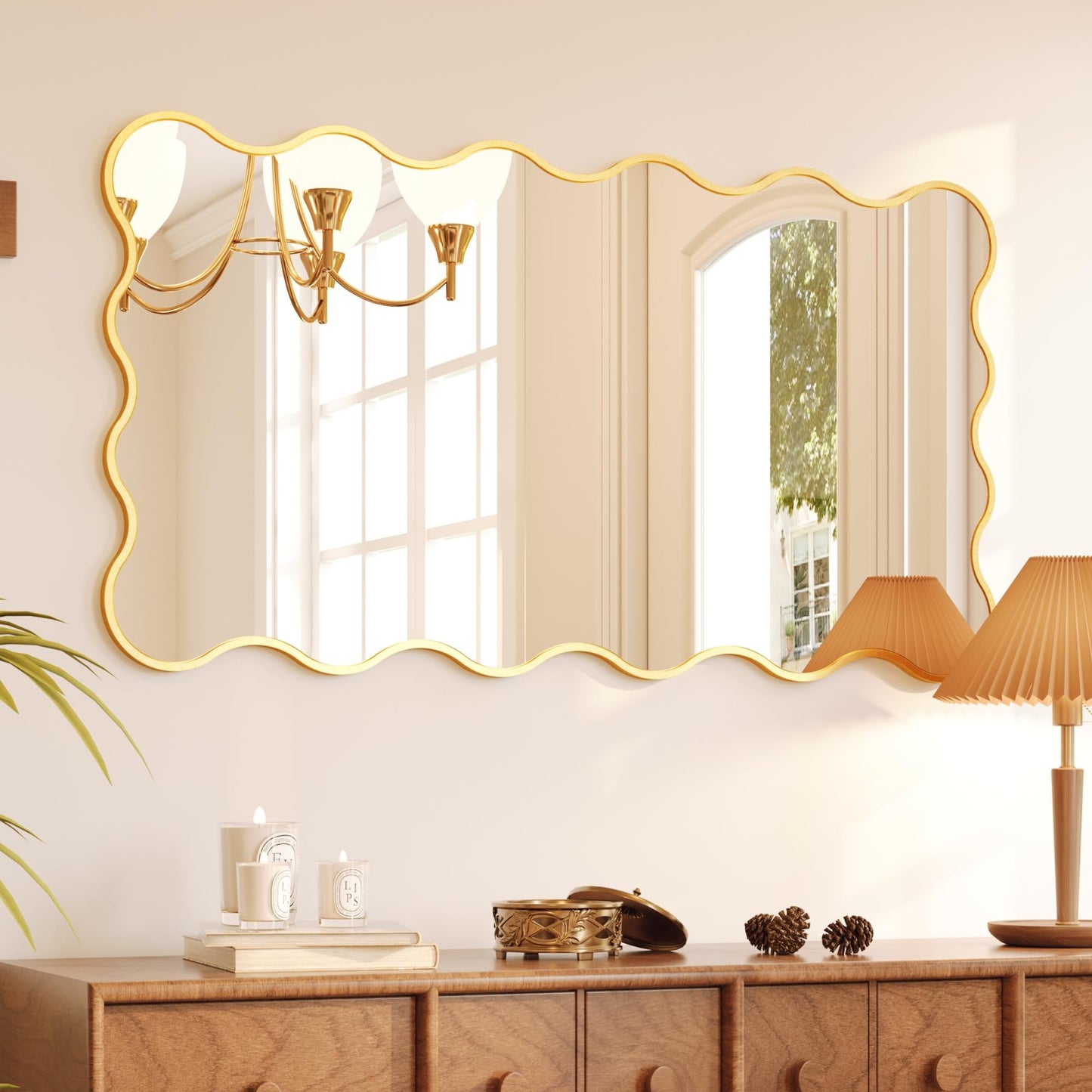 Kelly Miller 26x48 Inch Gold Scalloped Mirror, Large Rectangular Wavy Edge Bathroom Vanity Wall Mirror Decorative for Bedroom Living Room Entryway Fireplace Mantle