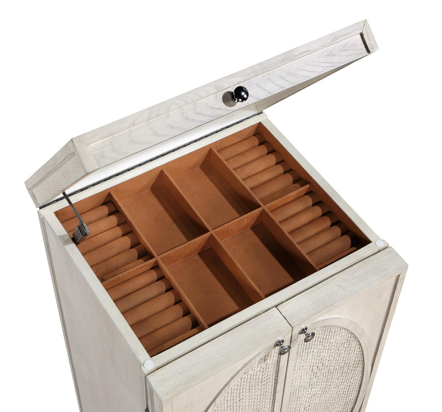 Deco 79 Wooden Geometric Washed Oval Rattan Front Armoire Jewelry 2 Door, 6 Drawer, and 32 Hook Cabinet with Mirrored Lift Top and Organizer Shelf, 20" x 18" x 47", Light Gray