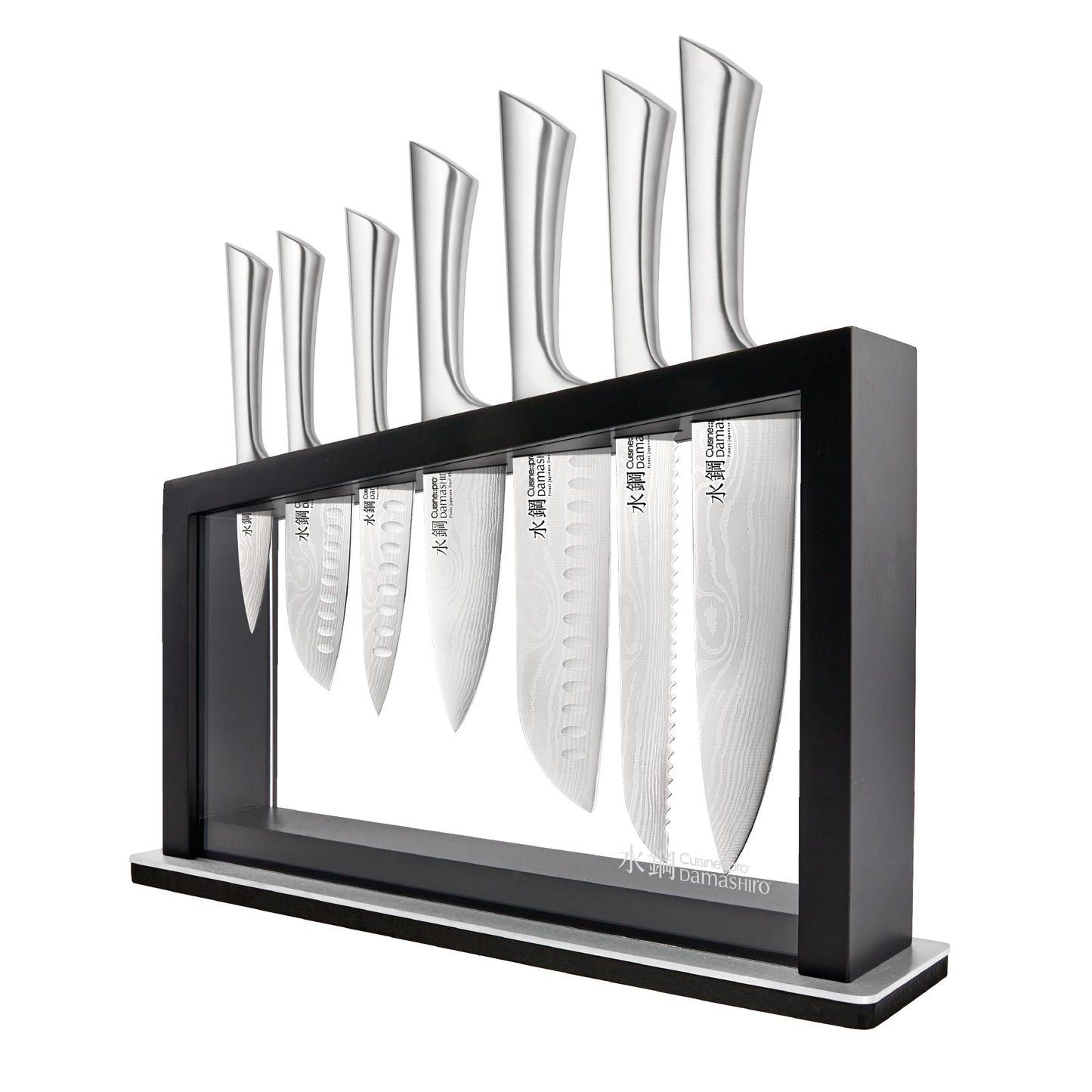 Cuisine::pro Damashiro 8-Piece Satori Knife Block - Japanese Steel Knife Set with Acacia Wood Knife Block -Damascus-Inspired Blade