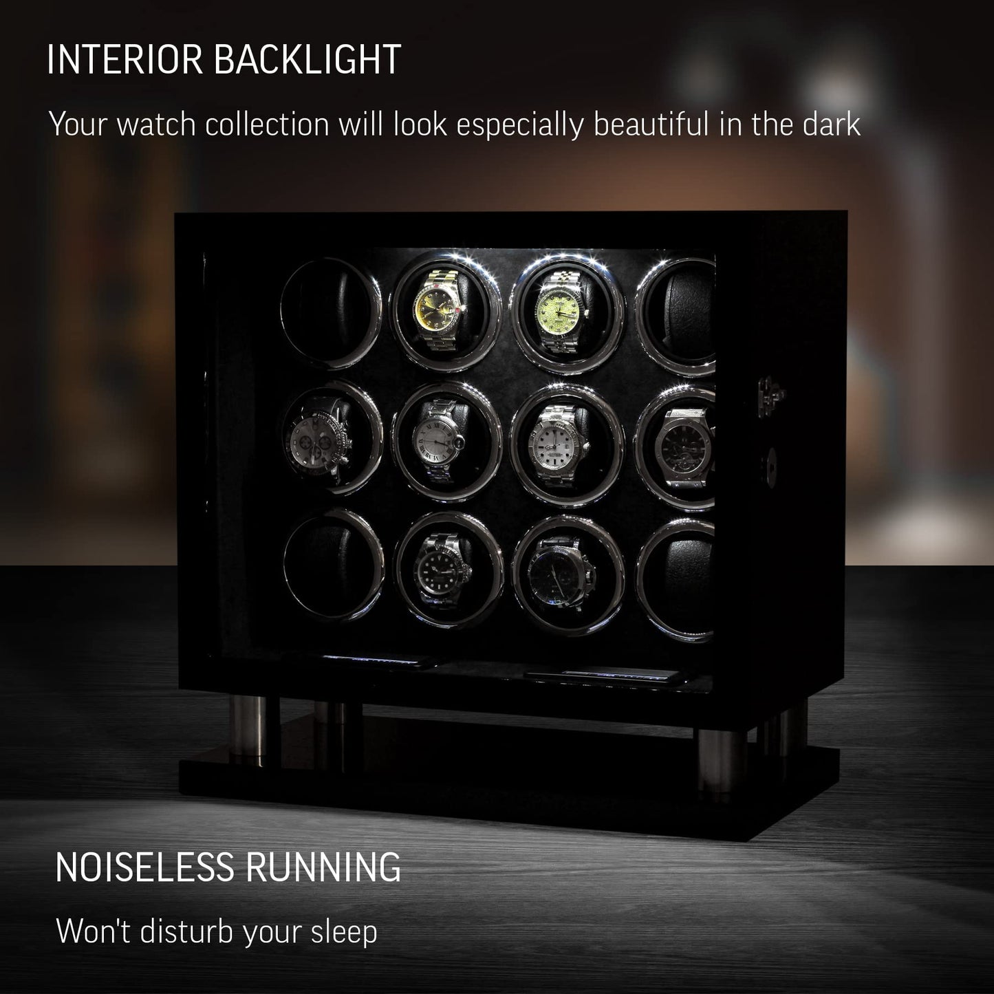 12 Watch Winder for Automatic Watches with LED Light and LCD Touchscreen Control (Burlwood + Beige)