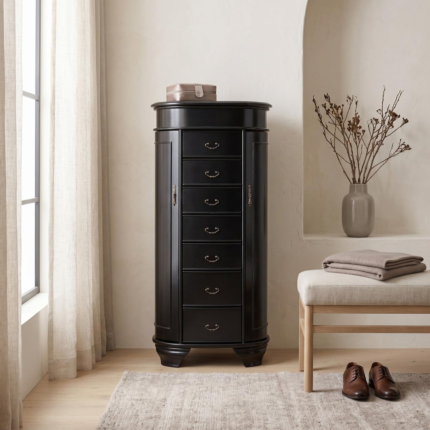Hives and Honey Daley Oval Jewelry Armoire, Stylish Standing Organizer with Mirror, 7 Drawers, 20 Necklace Hooks, Anti-Tarnish Lining, Divided Storage, Black