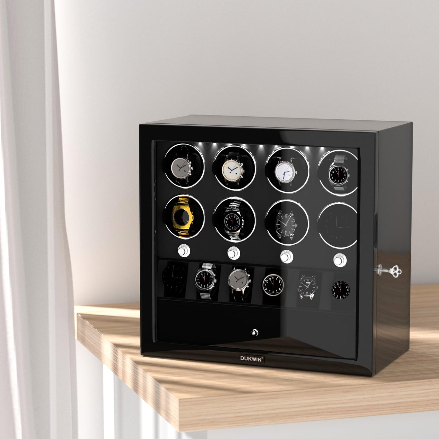 DUKWIN Watch Winder for 8 Automatic Watches,Lockable Watch Winders with Watch Holder and Jewelry Storage, Super Quiet Mabuchi Motor with High-Gloss Piano Lacquer Finish,Built-in Illumination-Black