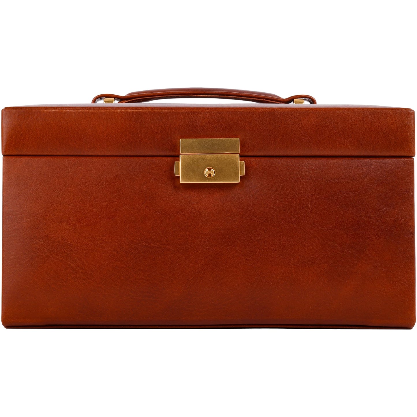Time Resistance Jewelry Box - Full Grain Leather Jewellery Organizer - Accessories Storage - Key Lock Box for Women (Cognac Brown)