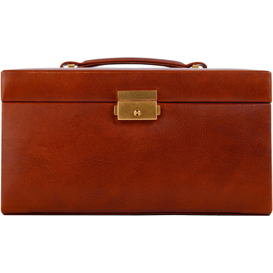 Time Resistance Jewelry Box - Full Grain Leather Jewellery Organizer - Accessories Storage - Key Lock Box for Women (Cognac Brown)
