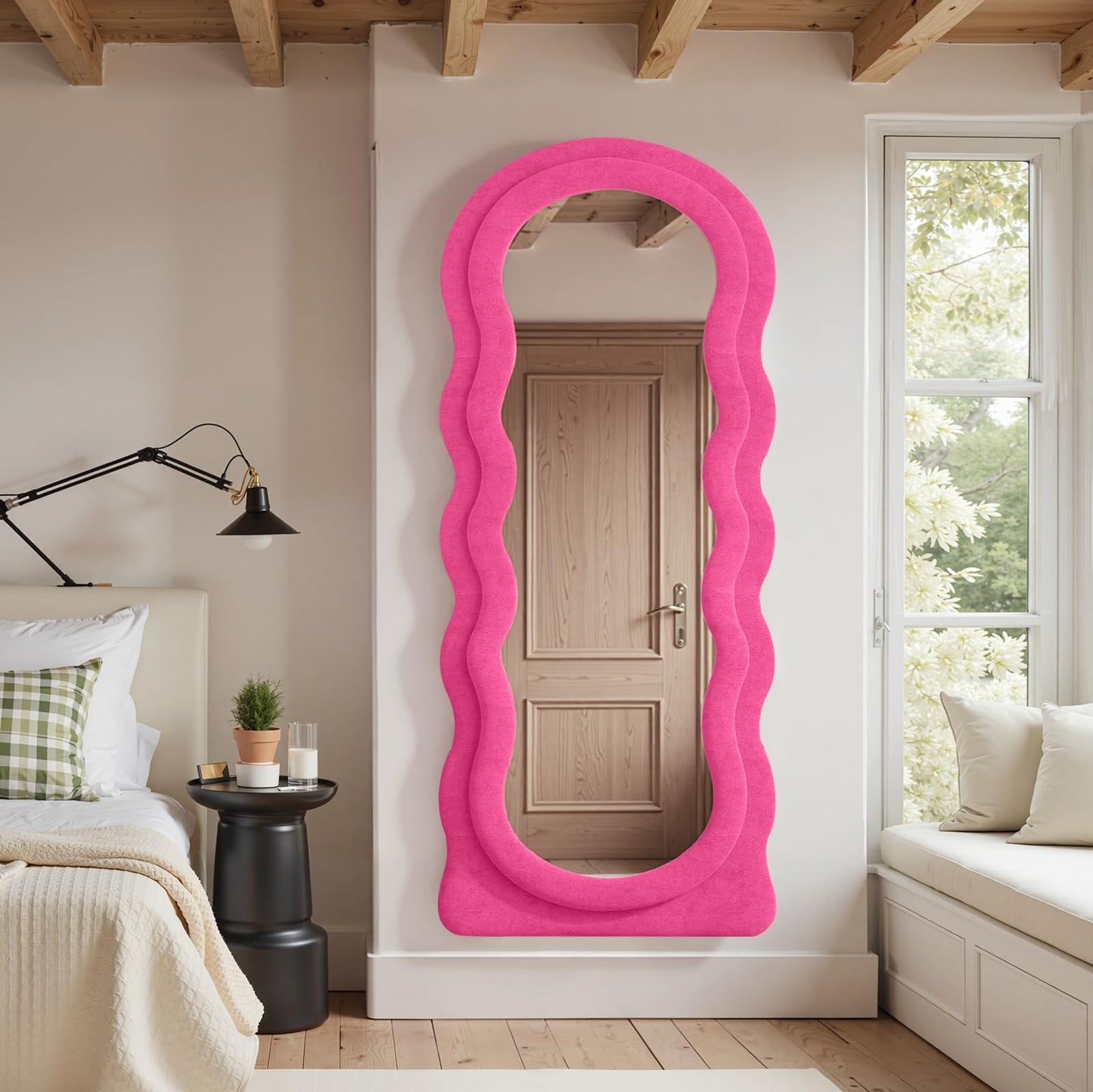 Anpark Full Length Mirror 71"x30" Irregular Wavy Full Body Wall Mounted Floor Mirror with Stand Hot Pink Flannel Frame Leaning Hanging Wall for Bedroom Entrance Hallway