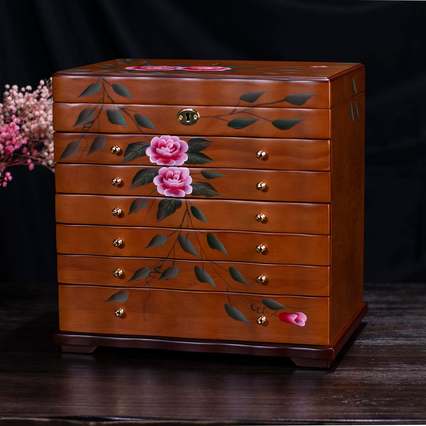 Xloverise Hand-Painted Wooden Jewelry boxes for women,large jewlrey box&organizers for necklace hanger,jewerly organizer,9-layer large capacity jewelry storage box,jewelry cabinet