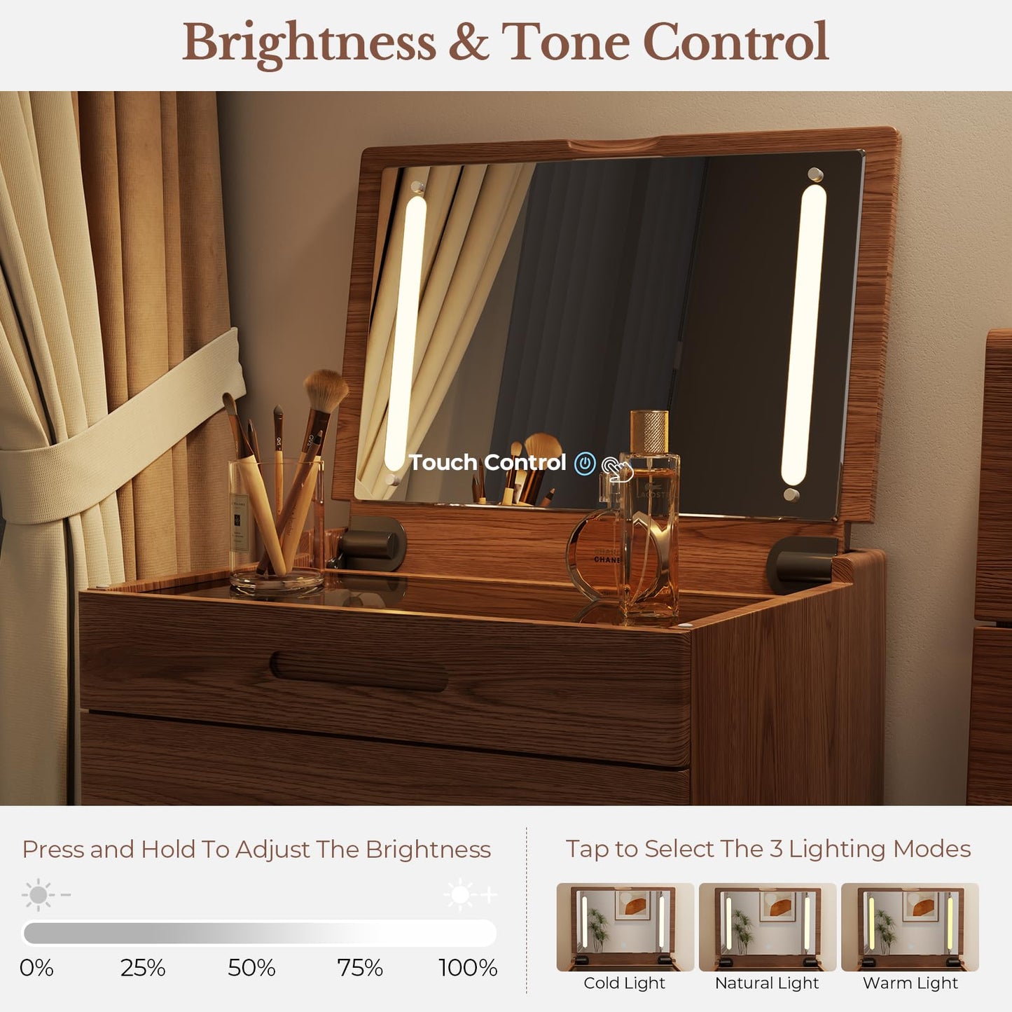 Muwuele Solid Wood Small Vanity Desk with Mirror and Lights, Narrow Makeup Vanity for Small Space, Flip Top Vanity Side Table, 3 Color Modes & Adjustable Brightness, 19.6" Slim Dressing Table, Walnut