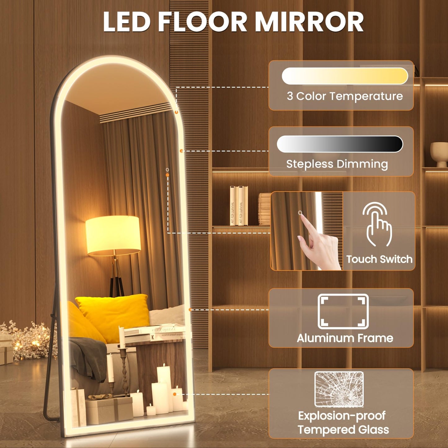 Pertetey 83x36 Inch LED Arched Full Length Mirror with Lights, Black Frame Dimmable & 3 Color Modes LED Full Body Dressing Standing or Wall Mounted Long Mirror