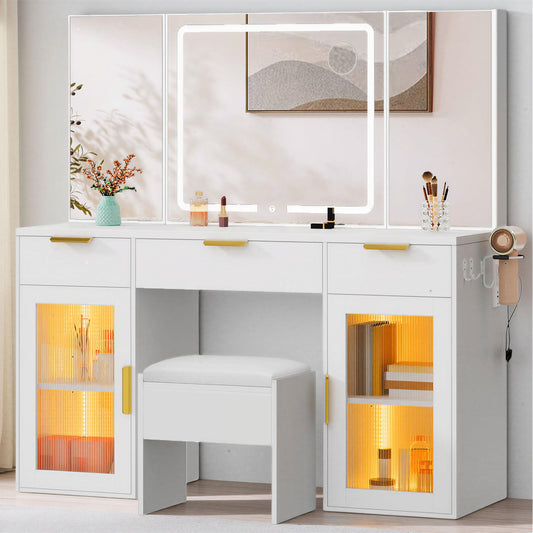 YITAHOME 56" LED Vanity Desk with Tri-Fold Mirror & Lights, RGB Glass Storage, 3 Drawers
